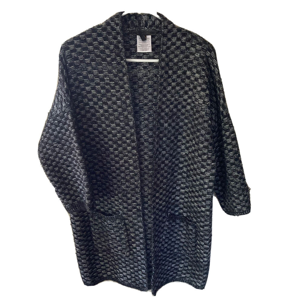 BCBG Maxazria Sweater Sz S Open Front Knit Cardigan Black Grey Thick Knit Womens